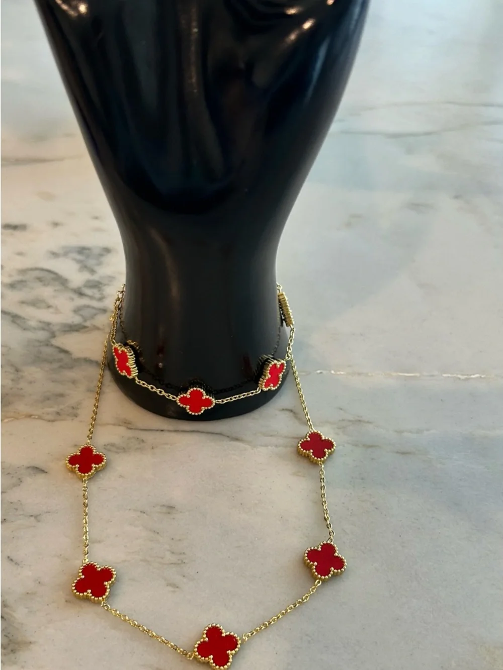 Gold-Tone Red Clover Station Necklace and Bracelet Set